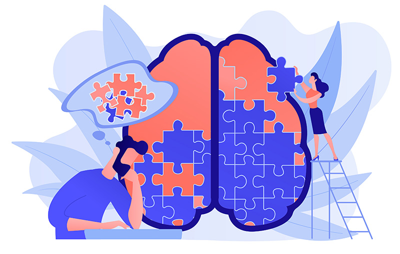 Man doing human brain puzzle. Psychology and psychotherapy session, mental healing and wellbeing, therapist counselling mental illness and difficulties