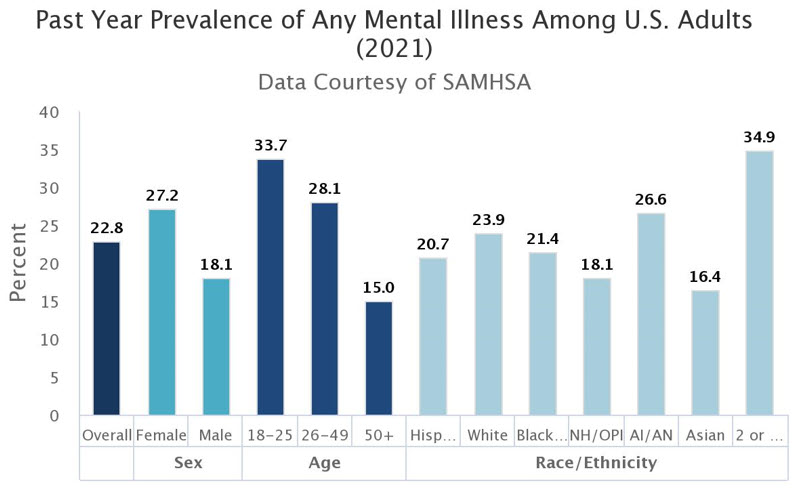 Past Year Prevalence of Any Mental Illness Among U.S. Adults (2021)