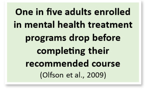One in five adults enrolled in mental health treatment programs drop before completing their recommended course (Olfson et al., 2009) 