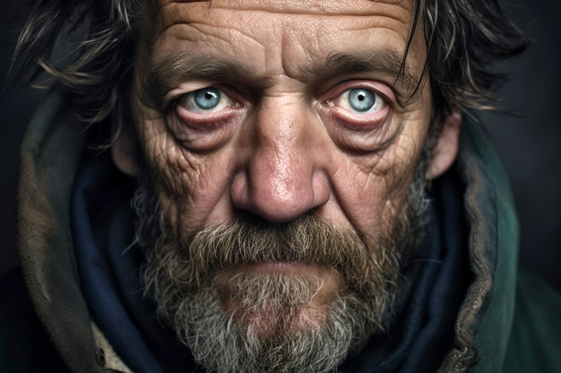 Portrait of a sad homeless man.