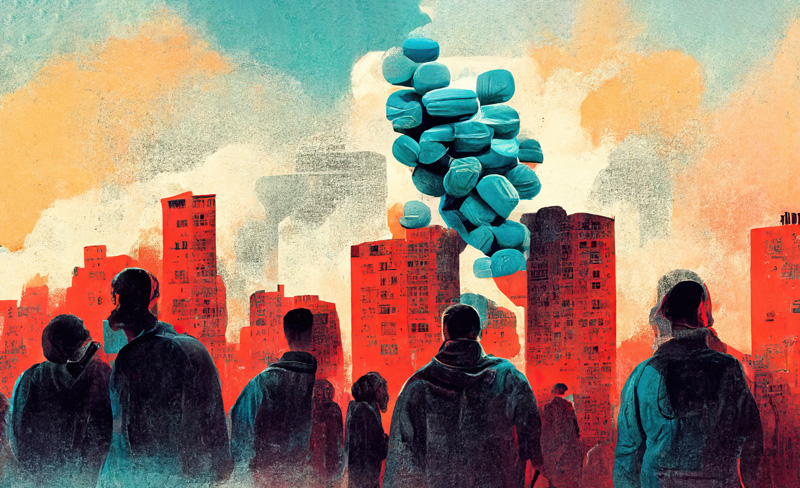 Abstract image of people in a city that is being overtaken by opioid pills