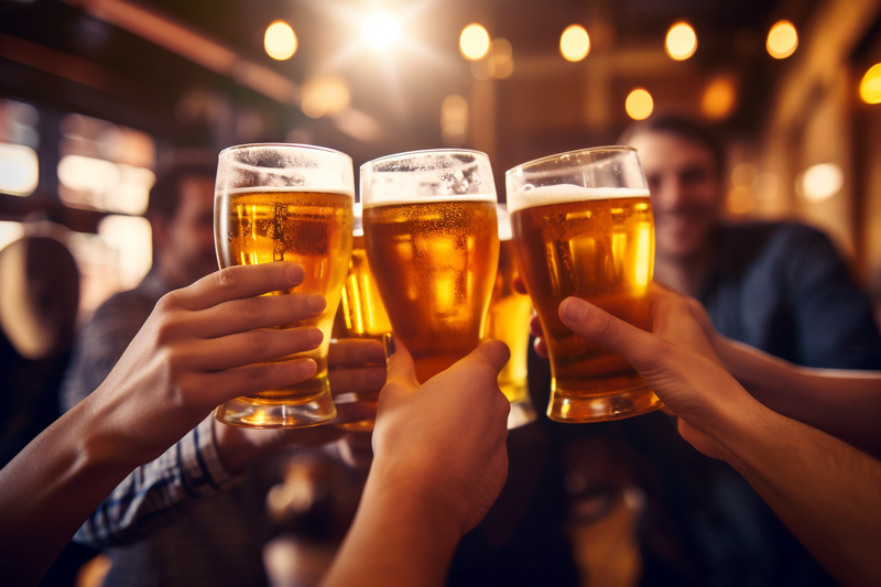 Happy friends enjoying happy hour drinking beer as a restaurant