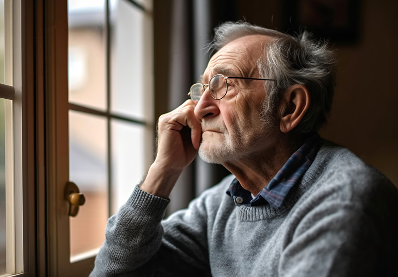 Elderly man depressed and lonely looking out a window feeling sad