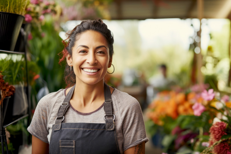 A Hispanic woman smiling working in a florist shop