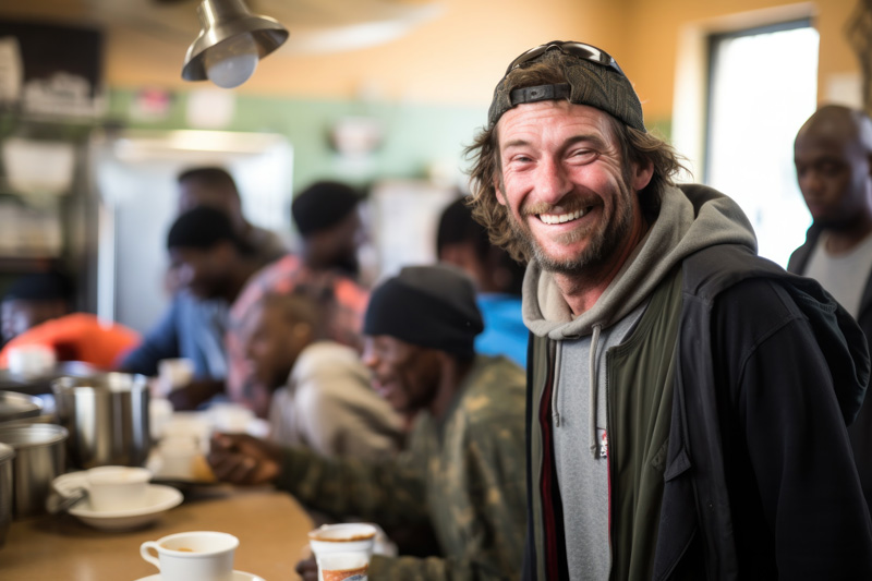 Positive homeless man sits at a table in a bustling homeless shelter dining hall, surrounded by other individuals