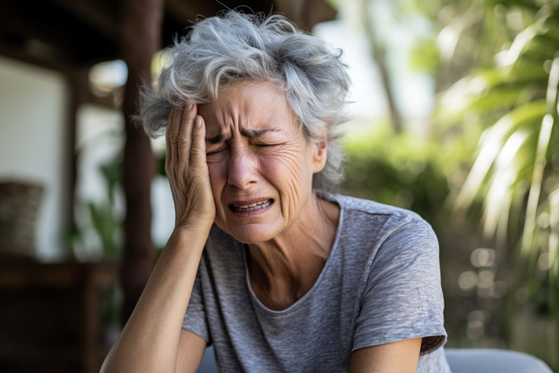 elderly woman holding her head in pain