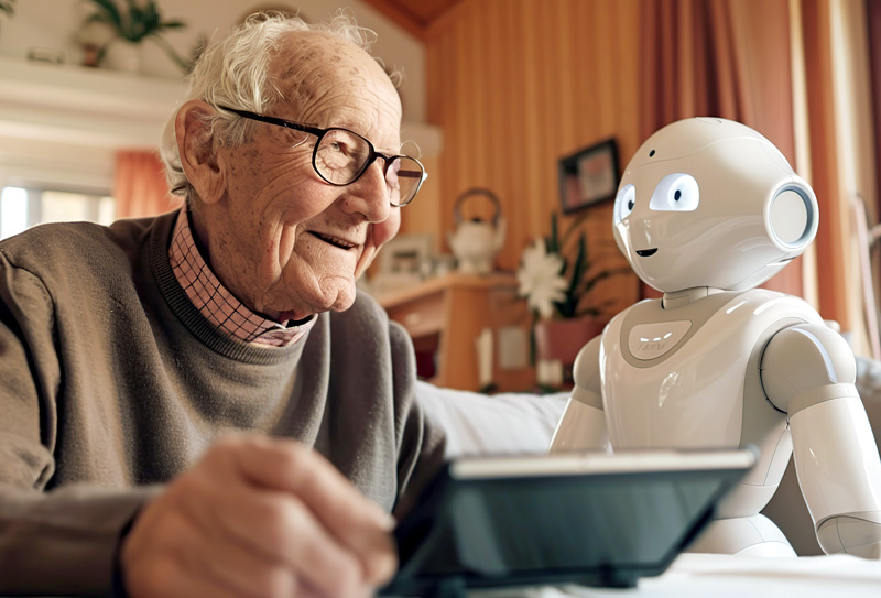 Robots helping taking care of seniors at a retirement home.