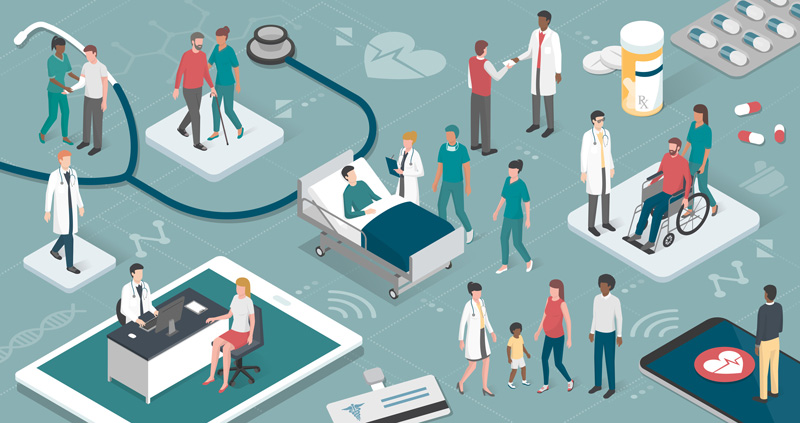 Doctors and nurses taking care of the patients and connecting together: healthcare and technology concept