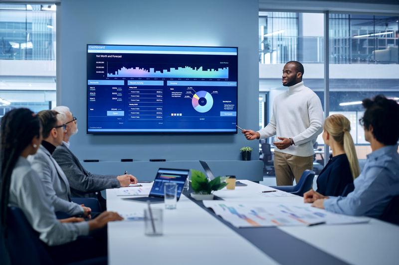 Office Conference Room Meeting Presentation: Black Businessman Talks, Uses TV Screen to Show Company Growth with Big Data Analysis, Graphs, Charts, Infographics. e-Commerce e-Business.