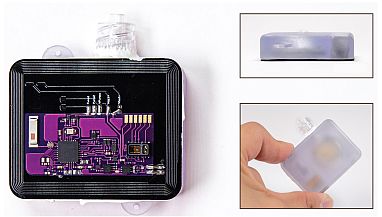 The Naloximeter device for large animals. At 42 mm (1.65 inches) by 34 mm (1.34 inches) by 13 mm (0.5 inches), it is about three-quarters the size of a commercial pacemaker. Ciatti et al., Science Advances