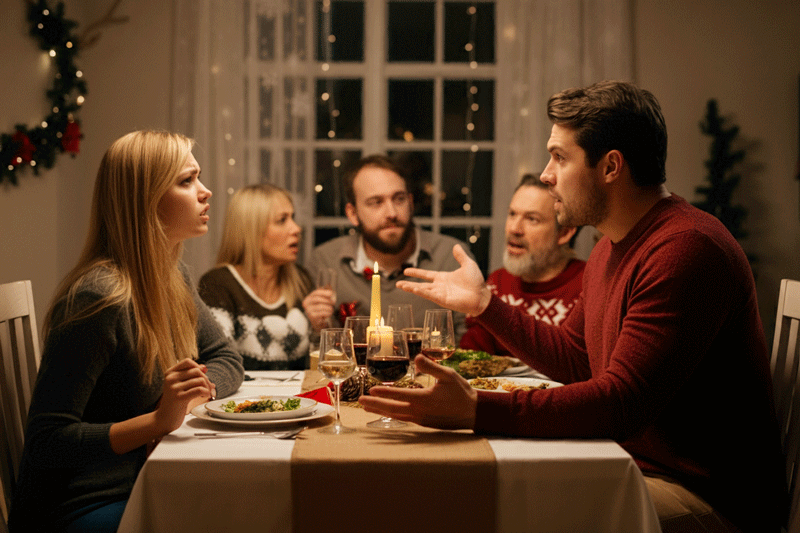 A family having a disagreement at the dinner table during Christmas