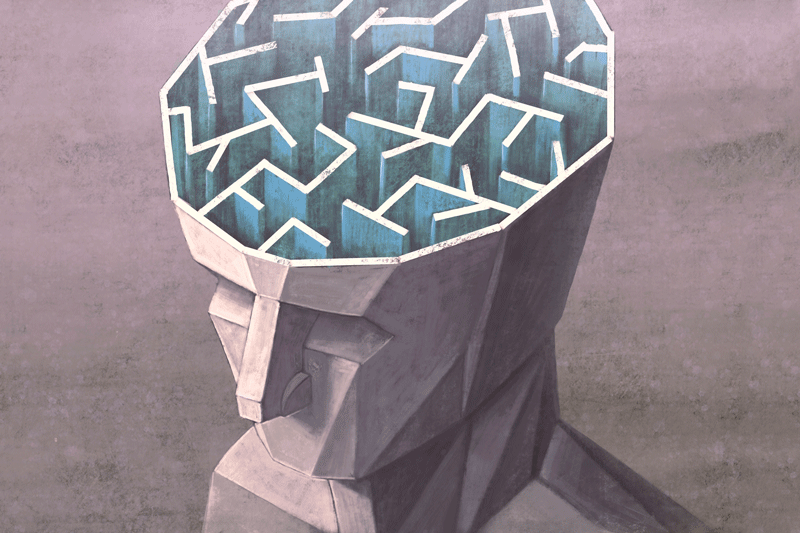 Brain think phychology mind and maze concept idea, conceptual art, surreal 3d illustration, creative painting, graphic design