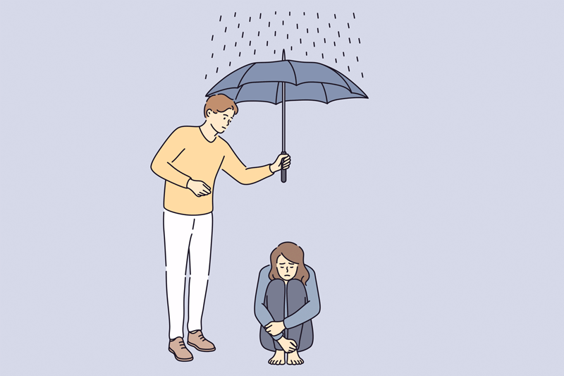 Young man cartoon character holding umbrella above sad frustrated depressed girl sitting on floor on rainy day vector illustration 