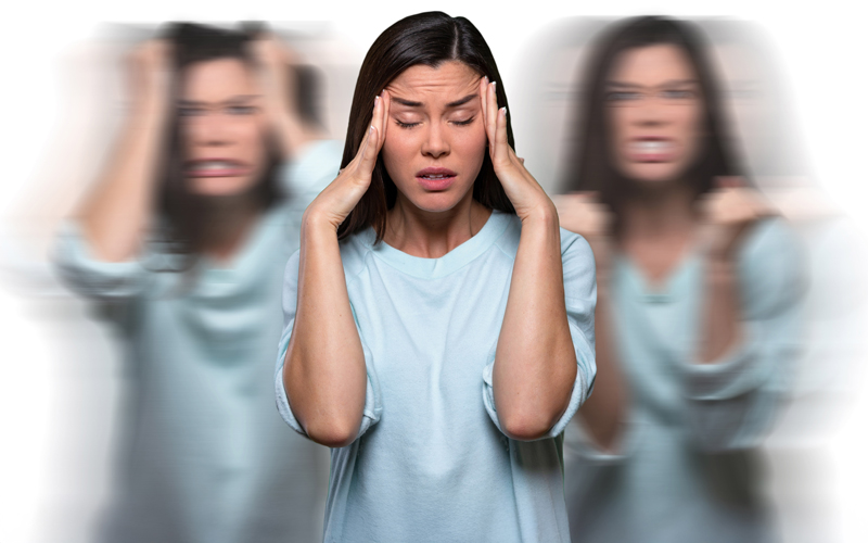 Female suffering from uncontrollable thoughts, overwhelmed with inner conflict stress, mental illness, borderline personality disorder