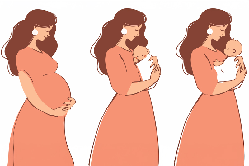 Maternity stages flat icon set. Pregnant woman, mommy hugging a newborn baby, sleeping toddler. 