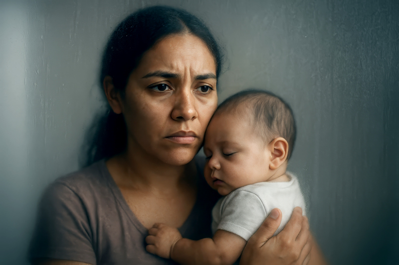 Worried mother holds her sleeping baby close by a window
