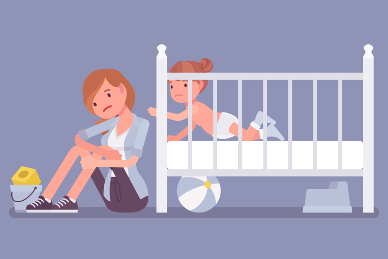 Postpartum depression, new mom in anxiety after childbirth