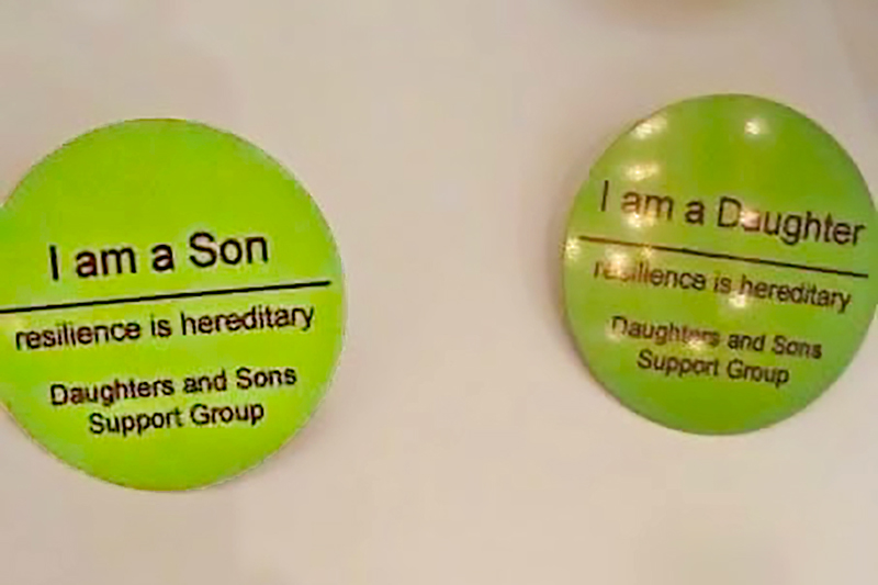 Daughters and Sons Initiative Pins, created by Cheri Bragg Acker for the Daughters and Sons Initiative booth at the 2009 National Alliance on Mental Illness (NAMI) National Conference in San Francisco.