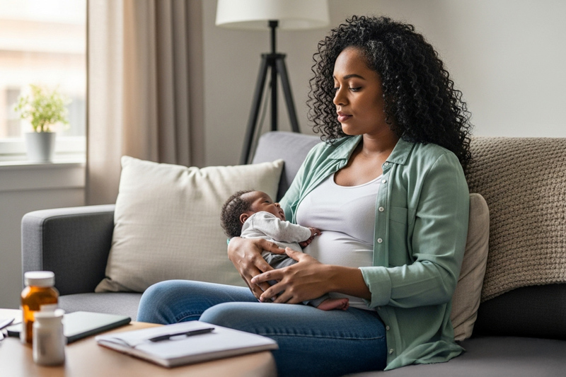 Black Mother Holding Baby on Couch with Medication Bottle in View