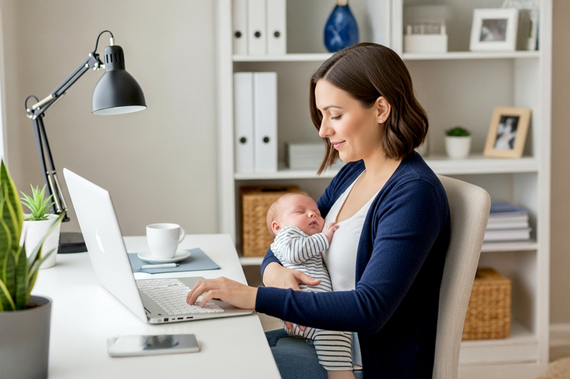 A mother working at her desk while holding her baby in her arms