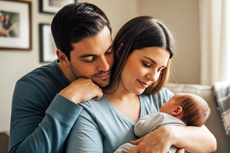 A new mother holding her infant, embraced by her supportive husband.