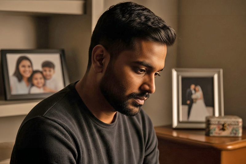 Depressed South Asian Man with Family Photos in Background