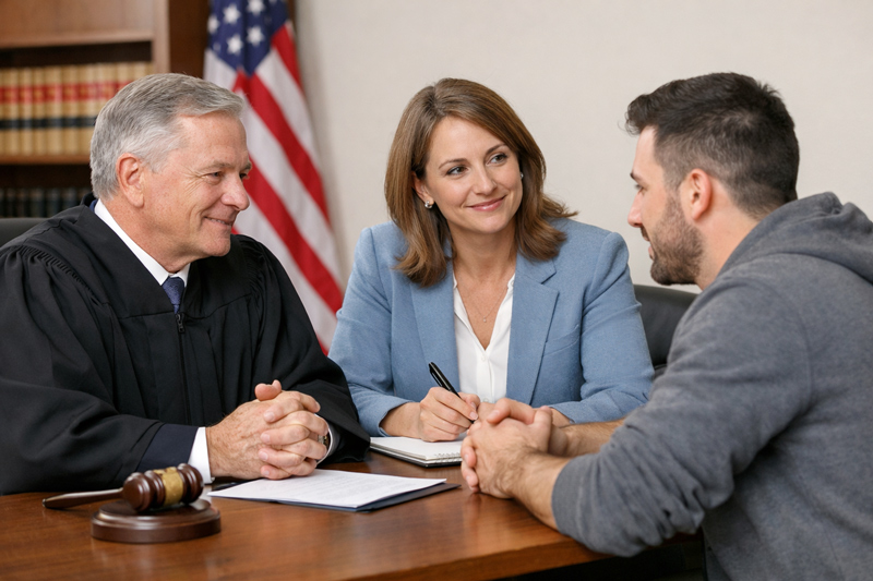 Judge Clinician and Treatment Court Participant Seated Together