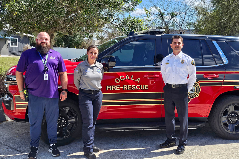 SMA Healthcare and Marion County Fire Rescue unite for crisis response. Pictured from left to right: SMA team member Pete Fenchette, Ocala Fire Rescue- Maria Clark and Captain Jesse Blair. 