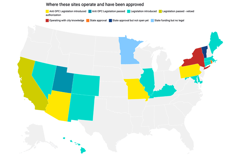 Overdose Prevention Center legislation status by state.