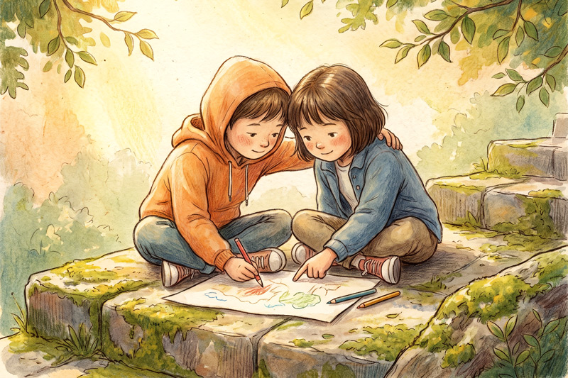 Two Children Drawing Together