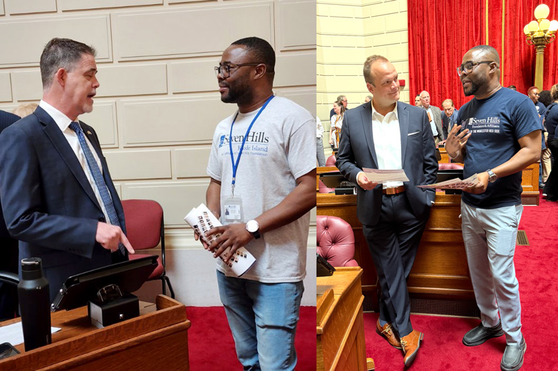 Dr. Adusu interacting with Rep. Michael Chippendale-District 40 of RI on the left and Rep. Alex Marszalkowski-District 52 of RI on the right.