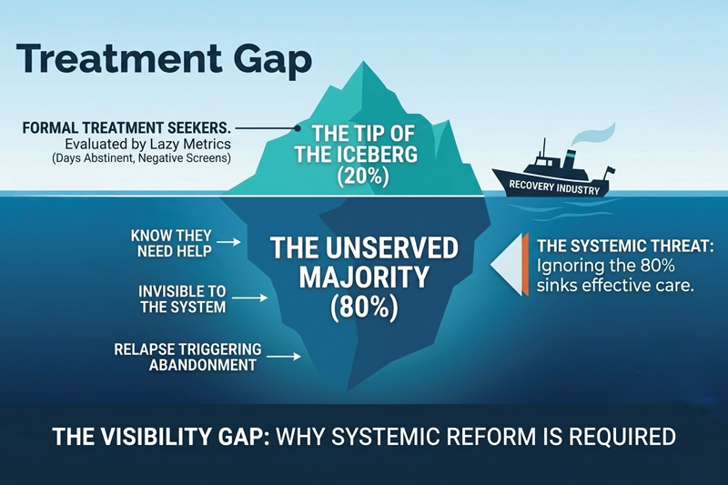 The Visibility Gap: While the recovery industry focuses on the 20% of individuals who engage with formal treatment, 80% of those in need remain invisible. Not because of individual failure or non-compliance, but because the system failed them.