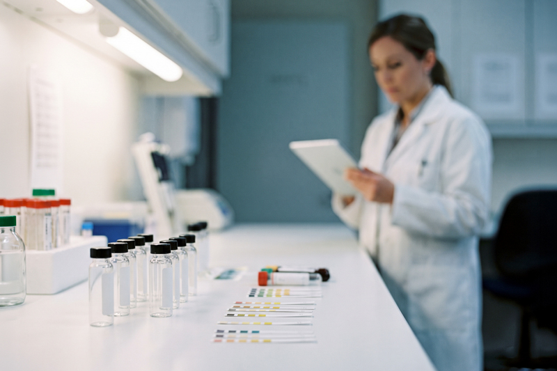 Researcher Reviewing Results Beside Test Vials