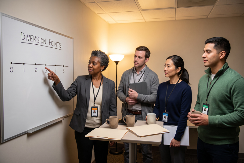 Behavioral Health Team Coordinating Services At Whiteboard Labeled Diversion Points