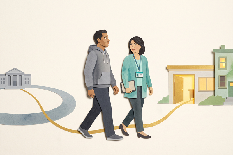 Care Coordinator And Man Walking Along Golden Path From Gray Ring To Community Clinic