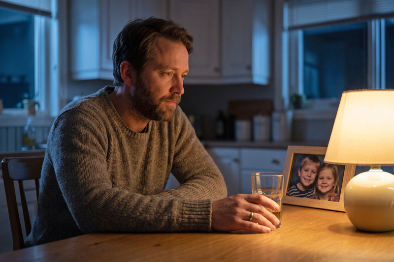 Man Alone at Kitchen Table with Alcohol and Family Photo