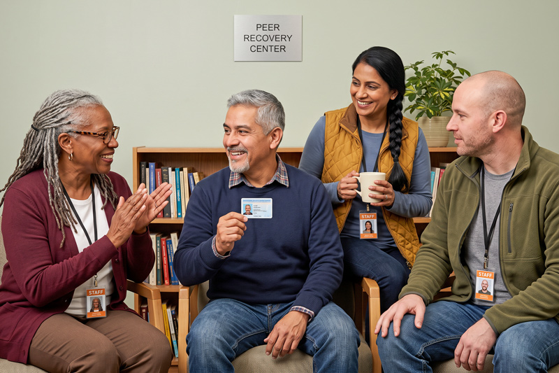 Man Showing New State ID To Peer Recovery Center Staff
