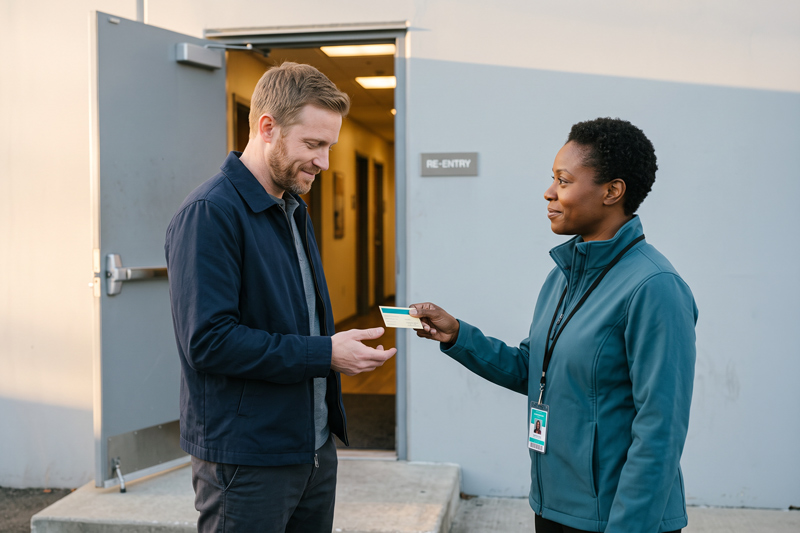 Reentry Peer Handing Appointment Card To Man Outside Release Door