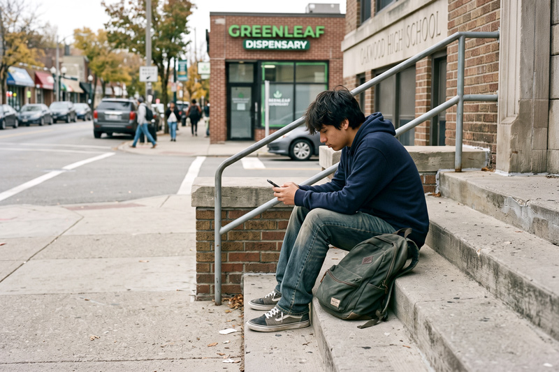 Teenager Sitting Outside School Near Cannabis Dispensary