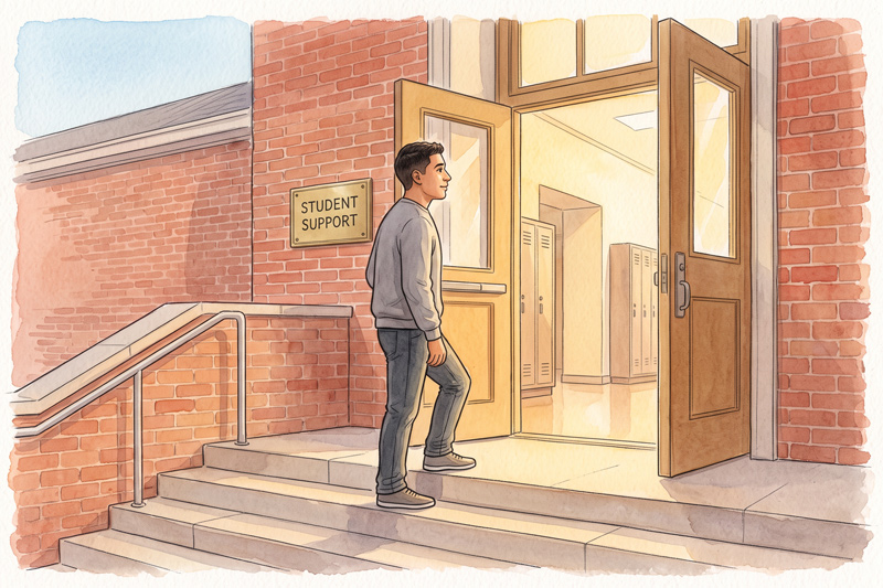 Young Man Stepping Through Open School Door Beside Student Support Plaque
