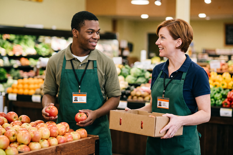 Young Man With Intellectual Disability Restocking Produce With Coworker At Grocery Store