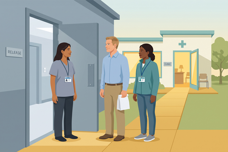 Facility Nurse And Community Clinician Handing Off Care To Man At Release Door Beside Community Clinic
