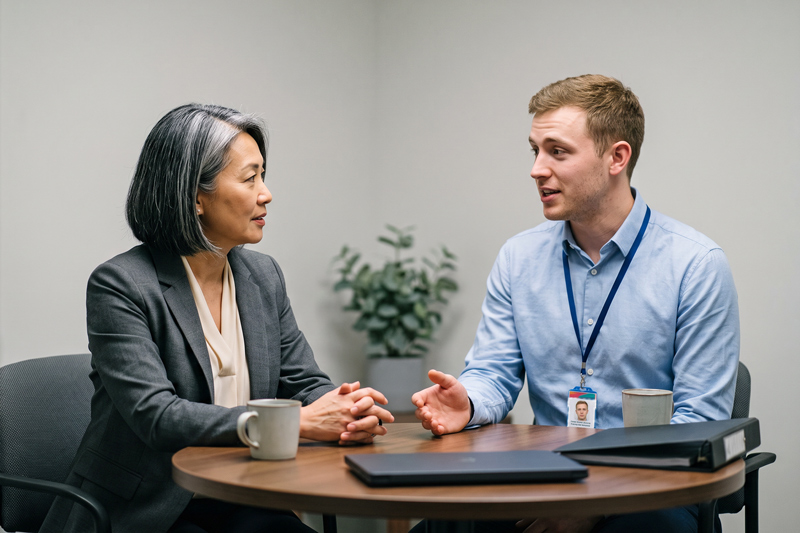 Healthcare Leader Listening Closely To Young Clinician Voicing A Concern At Meeting Table