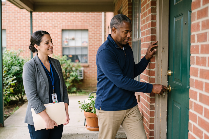 Man Unlocking His Own Front Door With Care Coordinator Standing Nearby