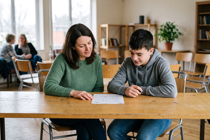 Mother And Teen Son Working Together On Worksheet In Family Group Room
