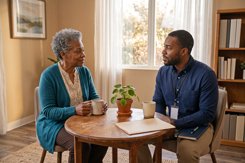 Older Woman Talking With Counselor At Community Clinic Table