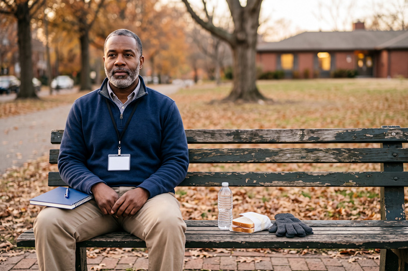 Outreach Clinician Waiting On Park Bench With Meal For A Second Person