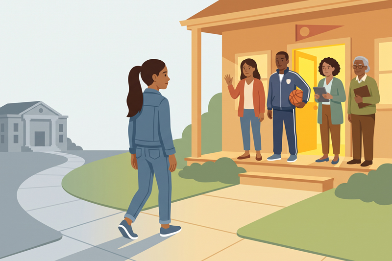 Teenage Girl Walking Toward Community Support Instead Of Courthouse