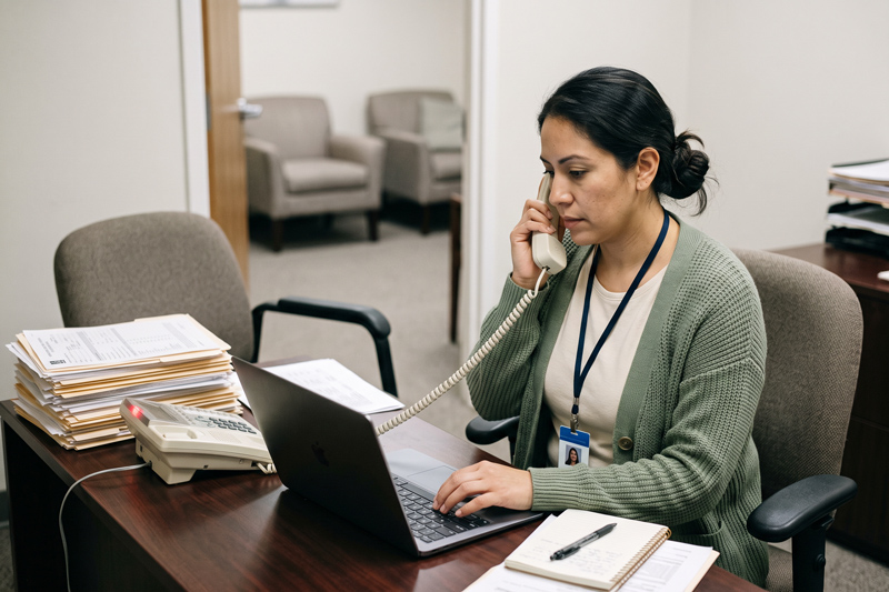 Therapist Taking Insurance Call Beside Empty Chair With Piled Up Paperwork