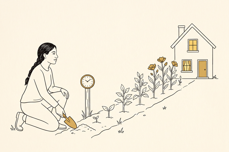 Woman Kneeling At Start Of Long Garden Row Growing Toward Family Home With Small Clock